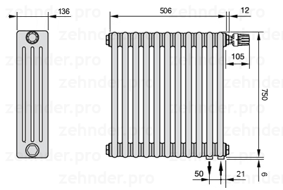 Схема (чертеж) Радиатор Zehnder Charleston 4075/11 №V002 Белый глянцевый RAL 9016